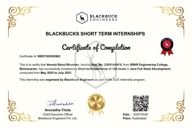 Blackbuck Java Fullstack certificate preview