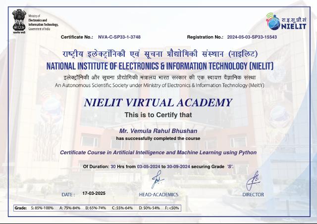 Nielit Aiml Course certificate preview