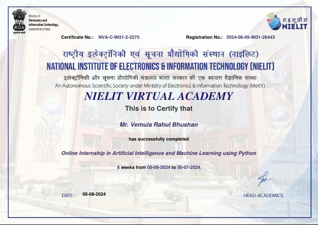 Nielit Aiml Internship certificate preview