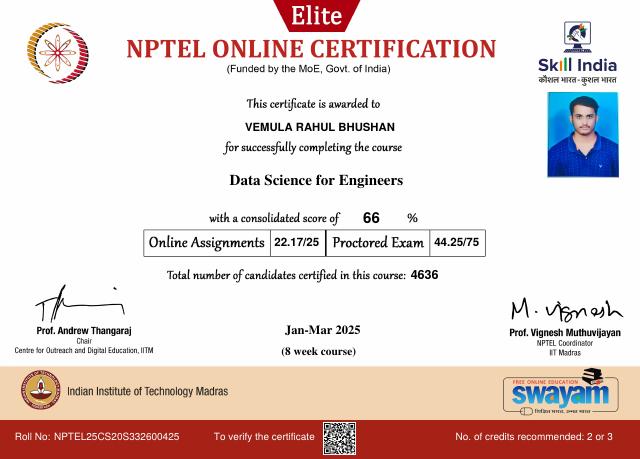 NPTEL Data Science for Engineers certificate preview