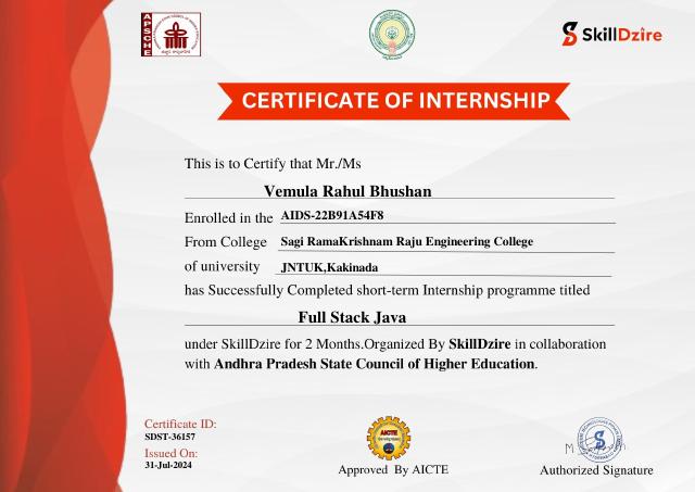 Skilldzire Fullstack Java certificate preview