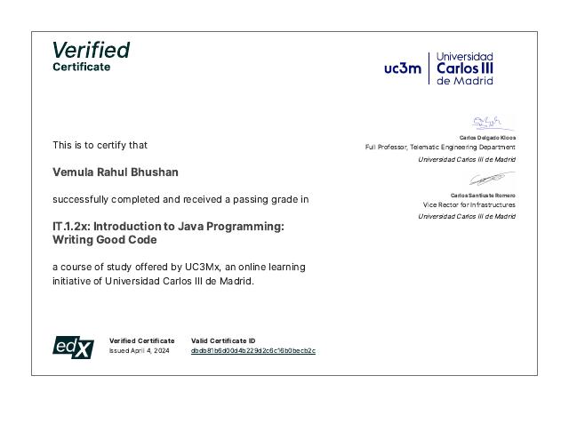Uc3M Java Programming certificate preview