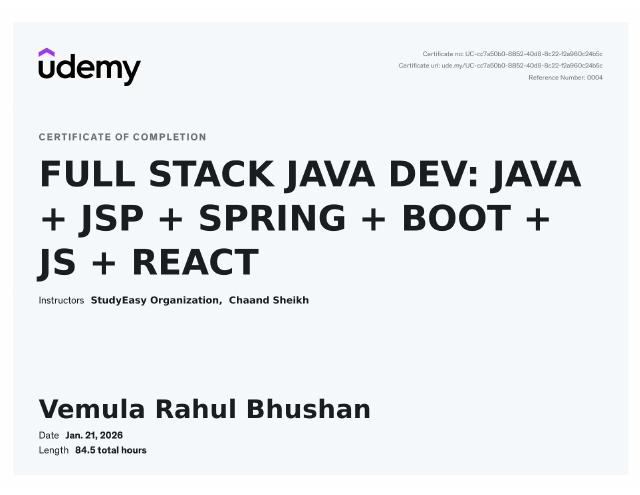 Udemy Fullstack Java certificate preview
